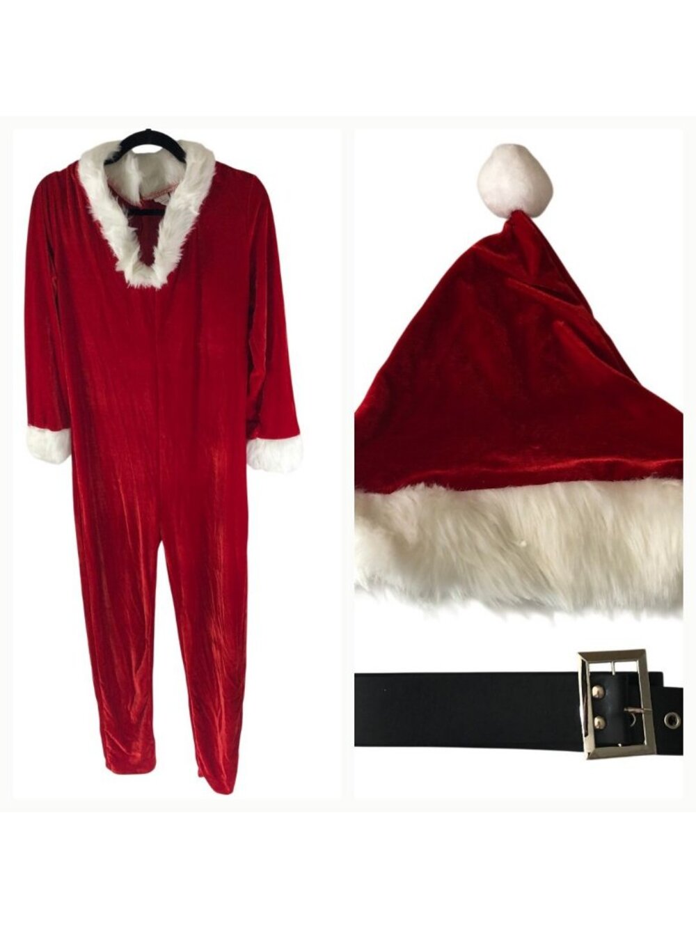 Santa Claus Costume Set With Hat & Belt Red Velvet Faux Fur Trim Adult Large
